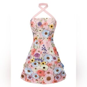 Pale Pink 1960s Halter Neck Floral Embroidery Mini Dress Retro Stage